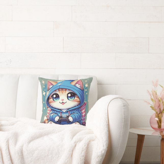 Playful Gamer Cat  in Cozy Setting Throw Pillow (Couch)