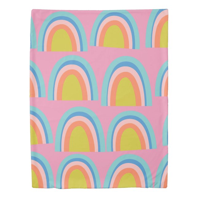 Playful Geometric Rainbow Pattern in Bright Pink Duvet Cover (Front)