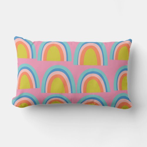 Playful Geometric Rainbow Pattern in Bright Pink Lumbar Pillow