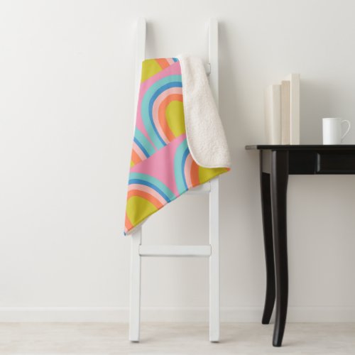 Playful Geometric Rainbow Pattern in Bright Pink Sherpa Blanket