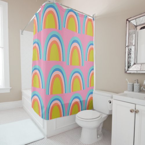 Playful Geometric Rainbow Pattern in Bright Pink Shower Curtain