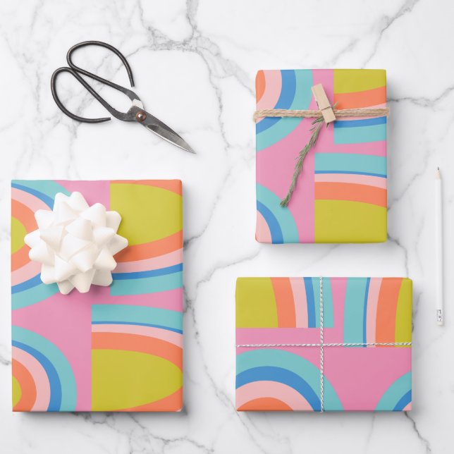 Playful Geometric Rainbow Pattern in Bright Pink Wrapping Paper Sheets (Front)