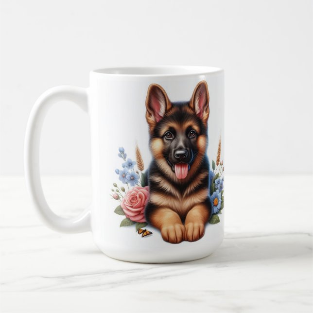 Playful German Shepherd Puppy with Flowers  Coffee Mug (Left)