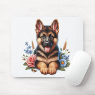 Playful German Shepherd Puppy with Flowers Mouse Pad