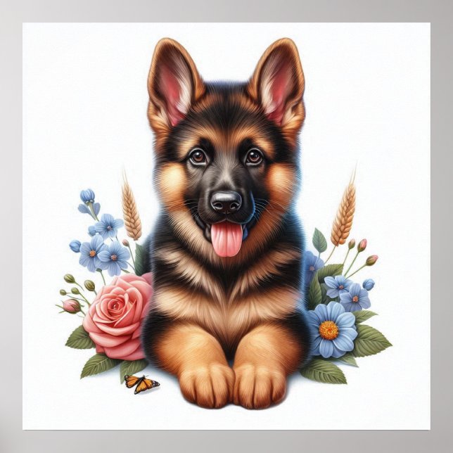 Playful German Shepherd Puppy with Flowers  Poster (Front)