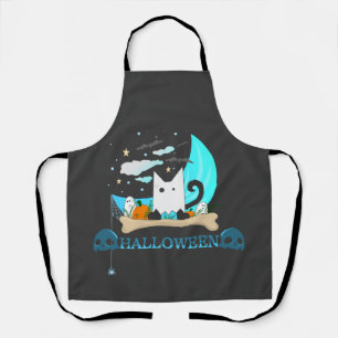 Playful Ghost Cat Haunts Halloween Night Apron