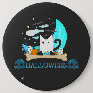 Playful Ghost Cat Haunts Halloween Night Button
