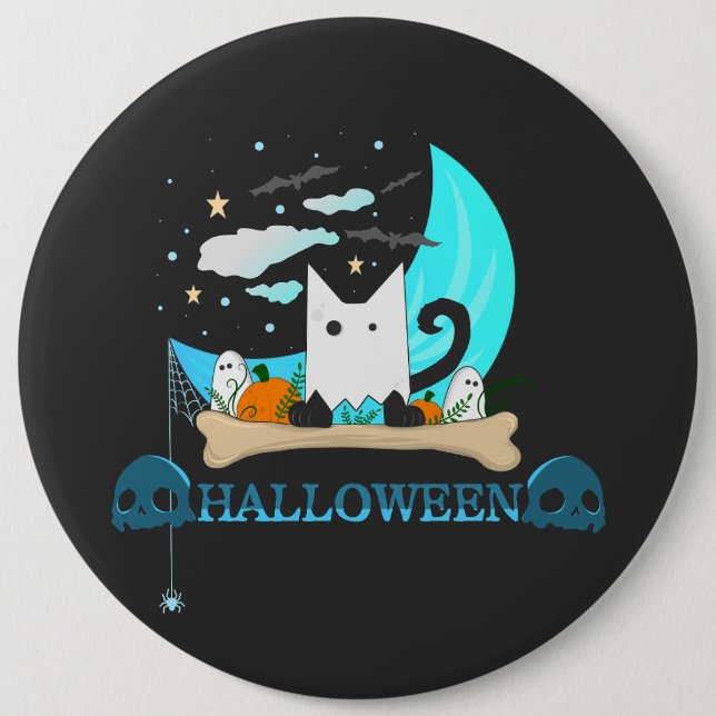 Playful Ghost Cat Haunts Halloween Night Button (Front)