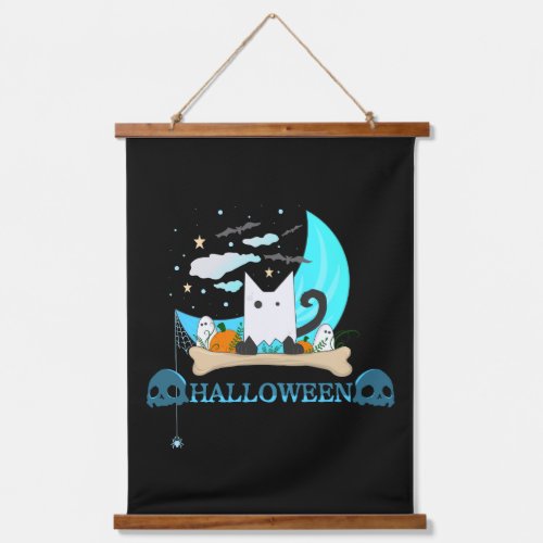 Playful Ghost Cat Haunts Halloween Night Hanging Tapestry