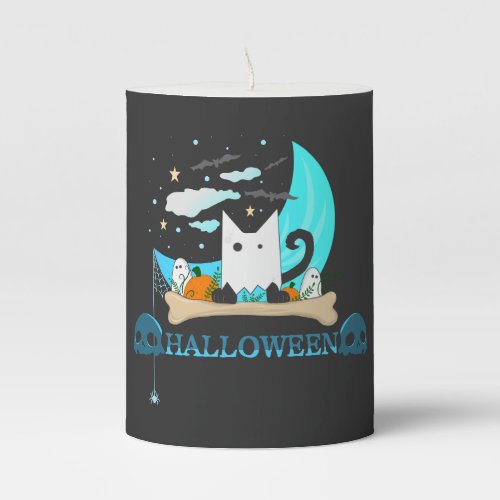 Playful Ghost Cat Haunts Halloween Night Pillar Candle