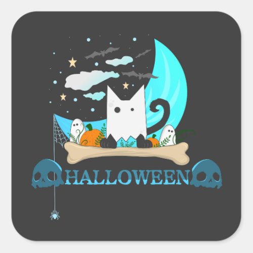 Playful Ghost Cat Haunts Halloween Night Square Sticker