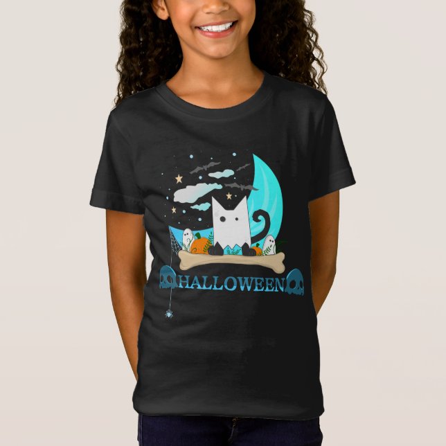 Playful Ghost Cat Haunts Halloween Night T-Shirt (Front)