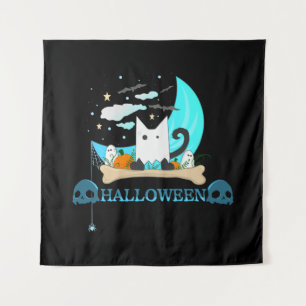 Playful Ghost Cat Haunts Halloween Night Tapestry