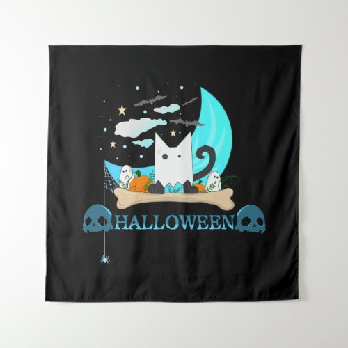 Playful Ghost Cat Haunts Halloween Night Tapestry