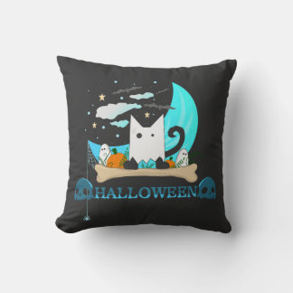 Playful Ghost Cat Haunts Halloween Night Throw Pillow