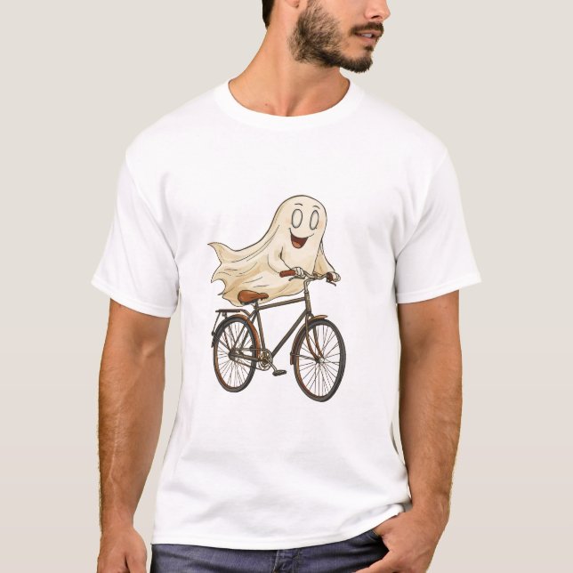 Playful Ghost Riding a Bicycle T-Shirt (Front)
