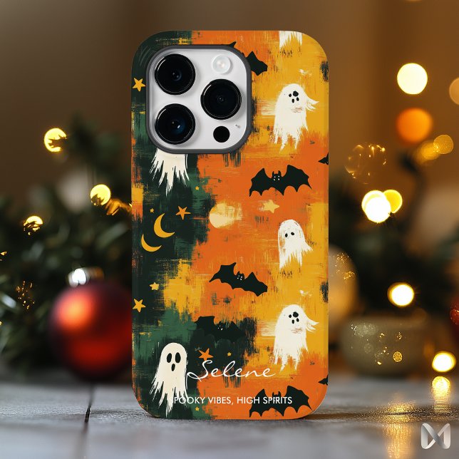 Playful Ghosts and Bats on Orange Halloween Night Case-Mate iPhone Case (Creator Uploaded)