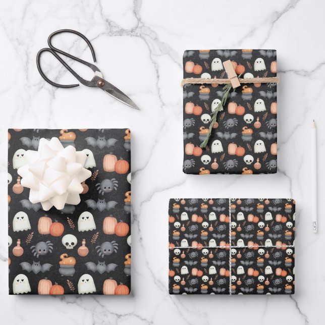 Playful Ghosts and Pumpkins Halloween Wrapping Paper Sheets (Front)