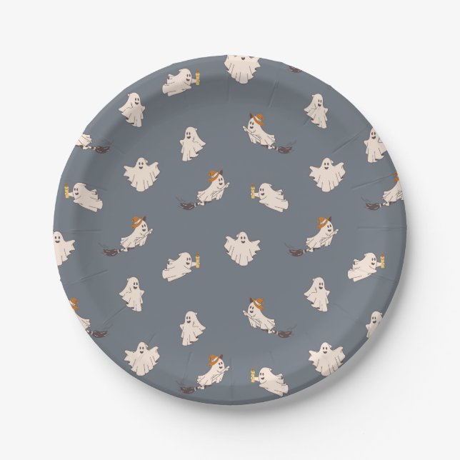 Playful Ghosts Halloween Pattern Paper Plates (Front)