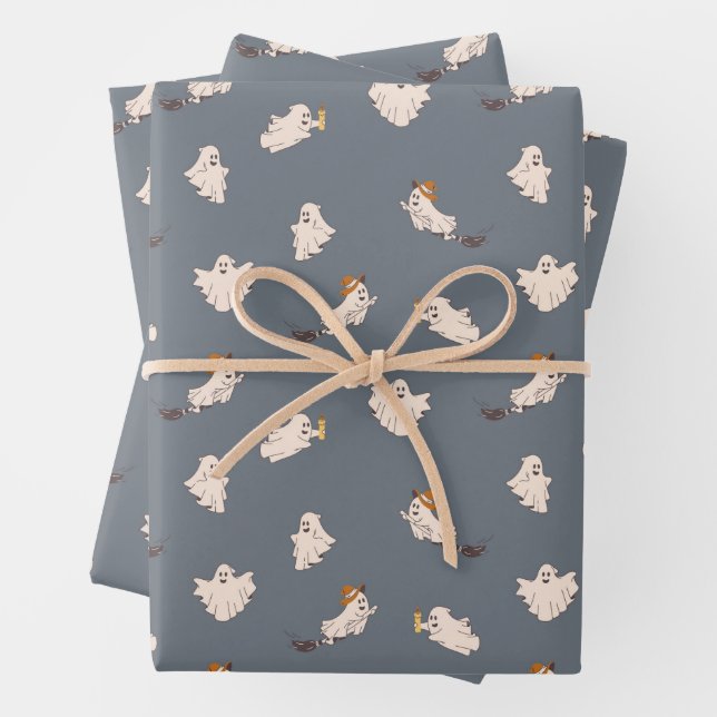 Playful Ghosts Halloween Pattern Wrapping Paper Sheets (In situ)