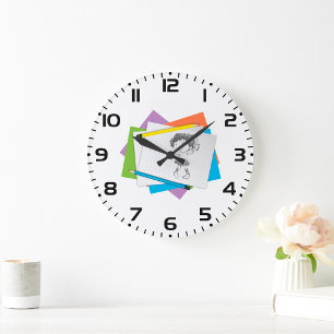 Playful Girl Sketch Drawing with Colorful Pencils Large Clock