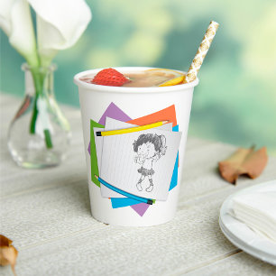 Playful Girl Sketch Drawing with Colorful Pencils Paper Cups