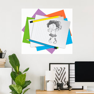 Playful Girl Sketch Drawing with Colorful Pencils Poster