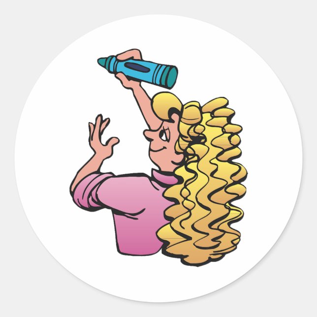 Playful Girl with Crayon Classic Round Sticker (Front)