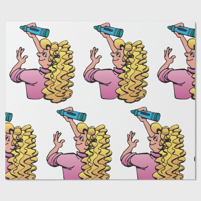 Playful Girl with Crayon Wrapping Paper (Flat)
