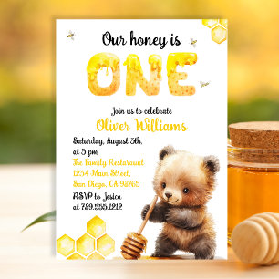 Playful Golden Bee-Themed Bear One Year Birthday Invitation