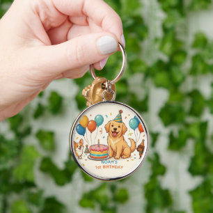 Playful Golden Retriever Puppy Birthday Keychain