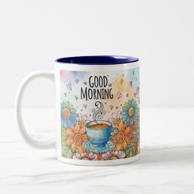 Playful Good Morning Doodle Coffee  Two-Tone Coffee Mug (Left)