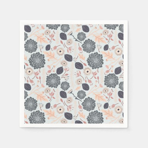 Playful Gray Blue Peach Floral Repeat Print Napkins