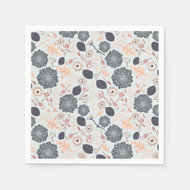 Playful Gray Blue Peach Floral Repeat Print Napkins (Front)