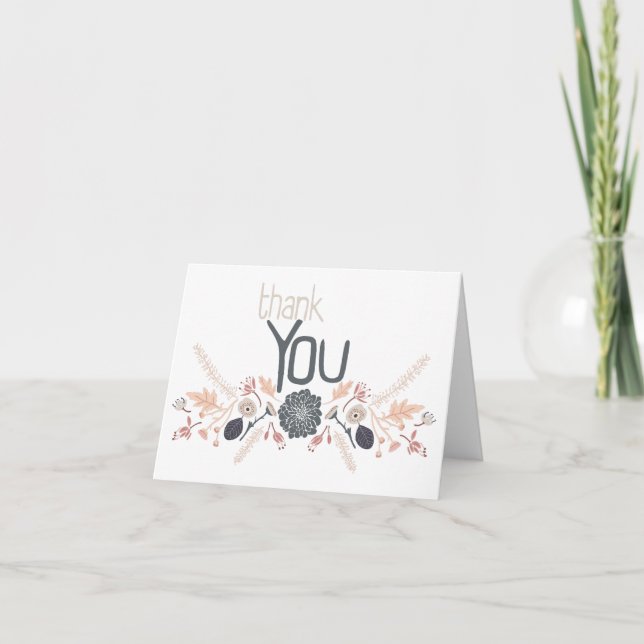 Playful Gray Blue Peach Floral Repeat Print Thank You Card (Front)