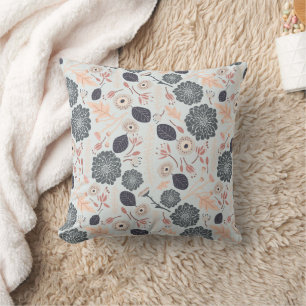 Playful Gray Blue Peach Floral Repeat Print Throw Pillow