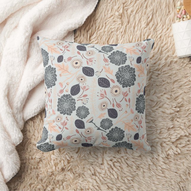 Playful Gray Blue Peach Floral Repeat Print Throw Pillow (Blanket)