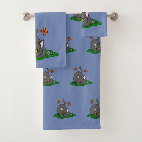 Playful Gray Cat and butterflies Bath Towel Set