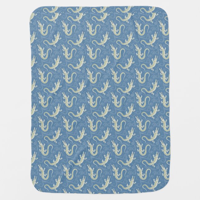Playful Green Alligator Paisley on Blue Baby Blanket (Front)