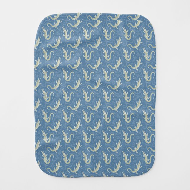 Playful Green Alligator Paisley on Blue Baby Burp Cloth (Front)