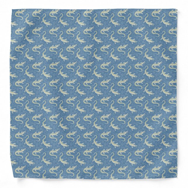 Playful Green Alligator Paisley on Blue Bandana (Front)