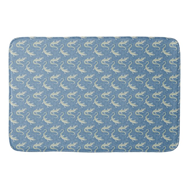 Playful Green Alligator Paisley on Blue Bath Mat (Front)