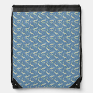 Playful Green Alligator Paisley on Blue Drawstring Bag
