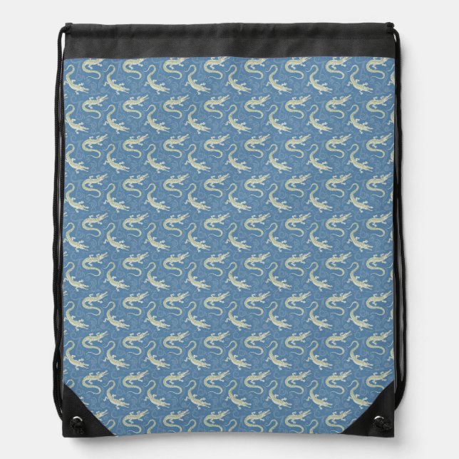 Playful Green Alligator Paisley on Blue Drawstring Bag (Front)