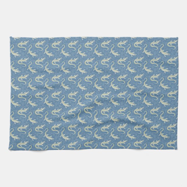 Playful Green Alligator Paisley on Blue Kitchen Towel (Horizontal)