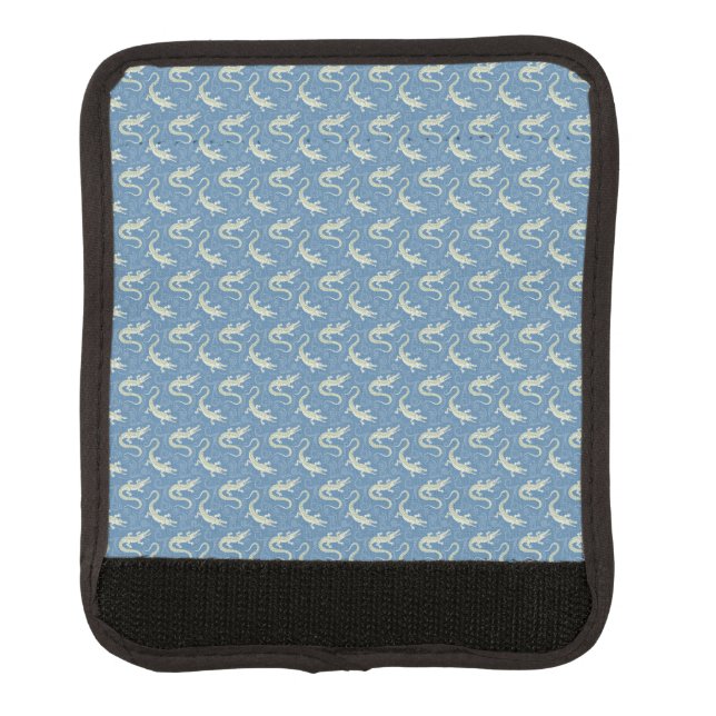 Playful Green Alligator Paisley on Blue Luggage Handle Wrap (Front)