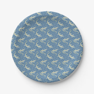 Playful Green Alligator Paisley on Blue Paper Plates