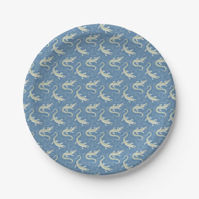 Playful Green Alligator Paisley on Blue Paper Plates (Front)