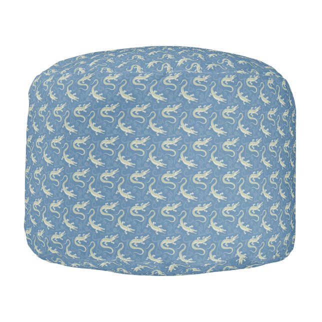 Playful Green Alligator Paisley on Blue Pouf (Left)