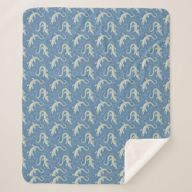 Playful Green Alligator Paisley on Blue Sherpa Blanket (Front)
